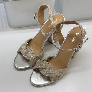 Express Braided Metallic Silver and Tan Block Heels
